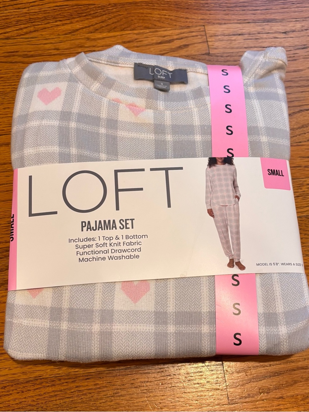 LOFT Gray Plaid Pajama Set with Pink Heart women’s Small NWT